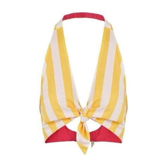 Farm Rio Yellow Striped Magenta Reversible Crop Top Size M Tie Front Summer - Picture 1 of 11